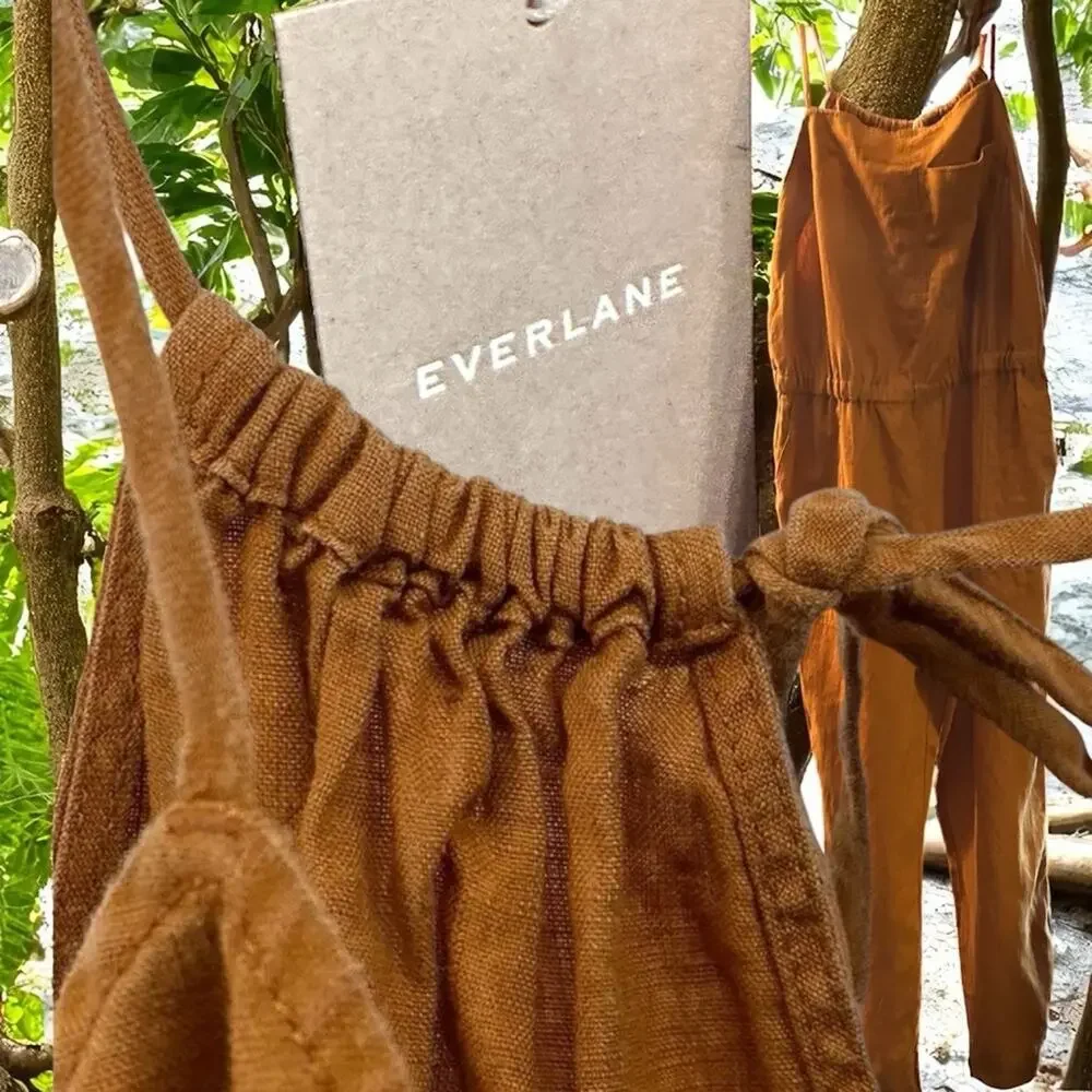 Everlane NWT The Shoestring Apron 100% Linen Jumpsuit Tawny Brown Size Medium